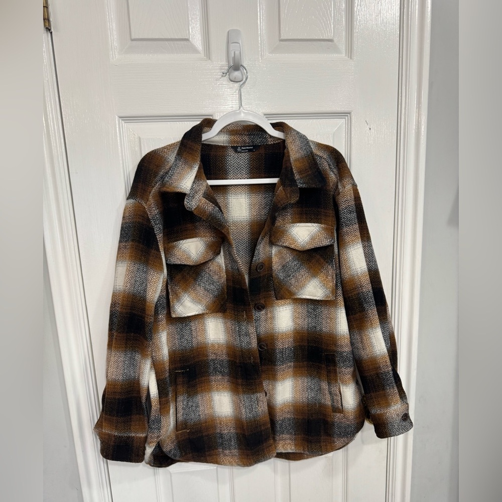 Women's Plaid Shacket Jacket - Brown Multi